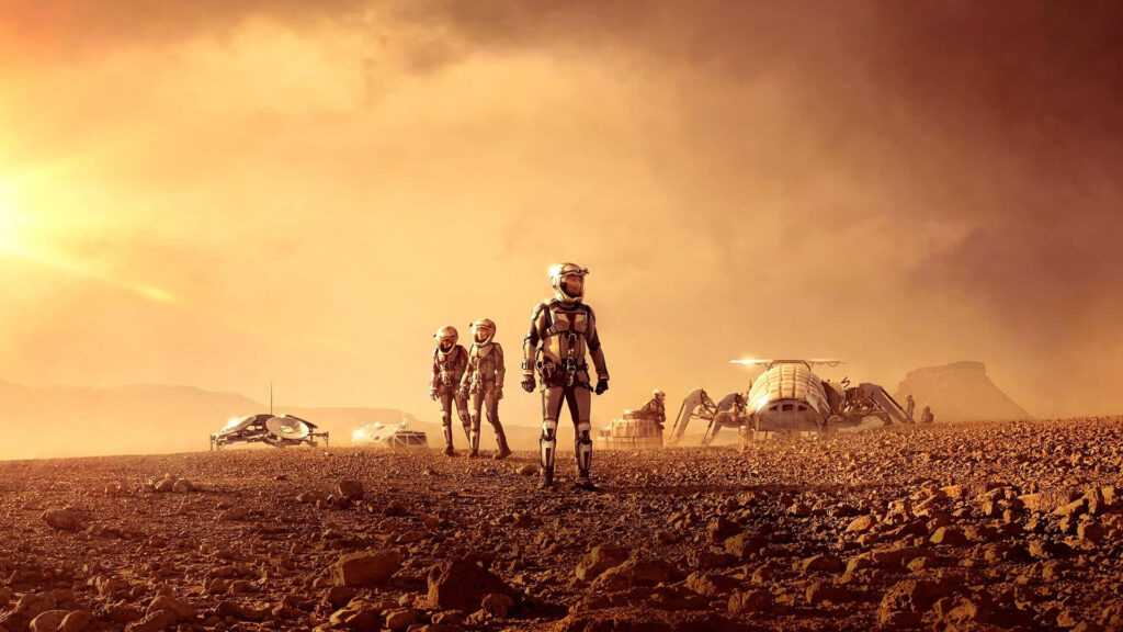 Astro Explorers on Mars: Futuristic Rovers & Golden Sky Wallpaper