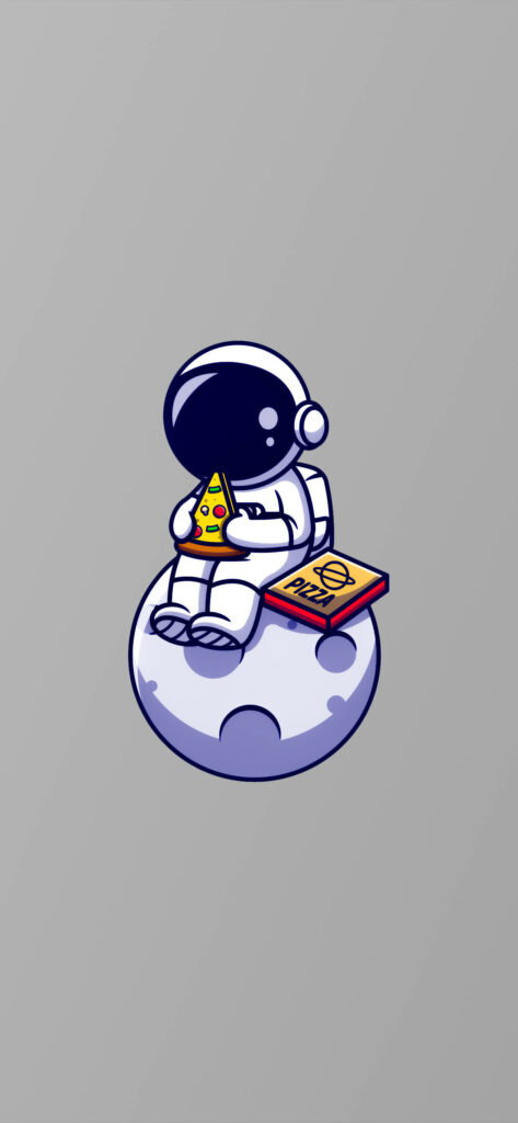 Cosmic Delight: Cartoon Astronaut Enjoying a Lunar Pizza Break Wallpaper