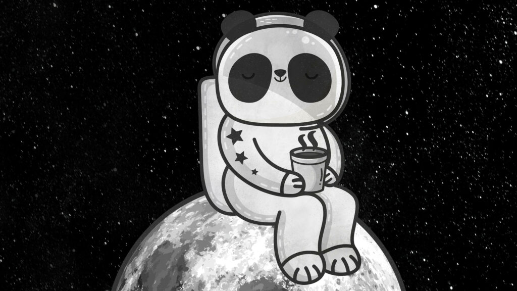 Panda Spacewalker Savoring an Interstellar Coffee Break on the Lunar Surface Wallpaper