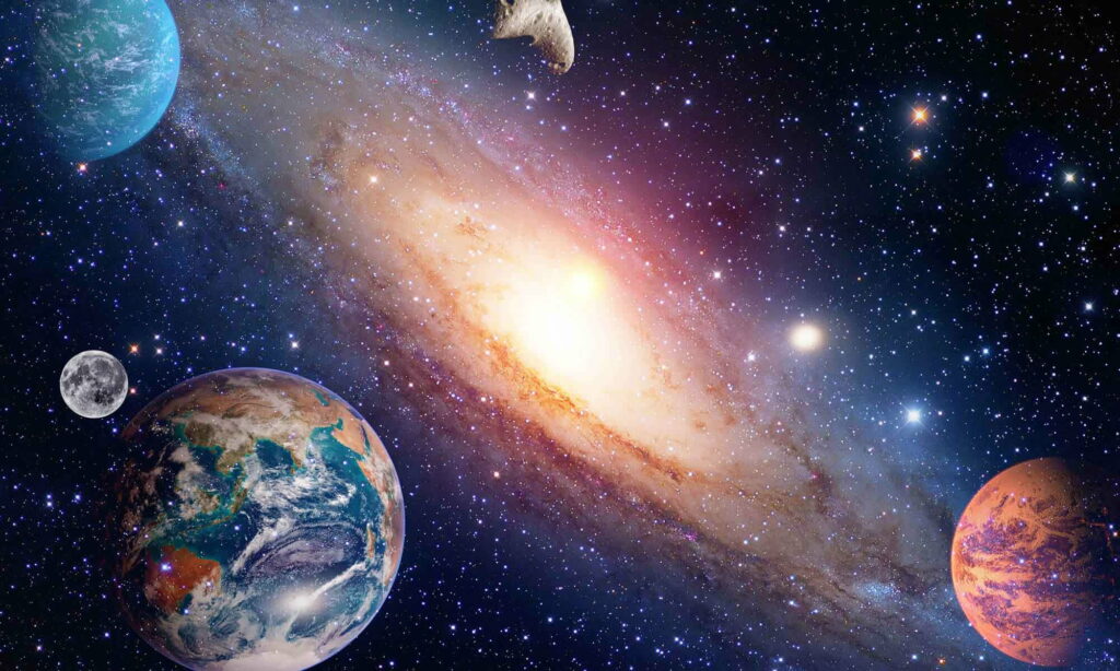 Stellar Spectacle: Captivating Mural of the Majestic Milky Way and Enchanting Solar System Planets Wallpaper