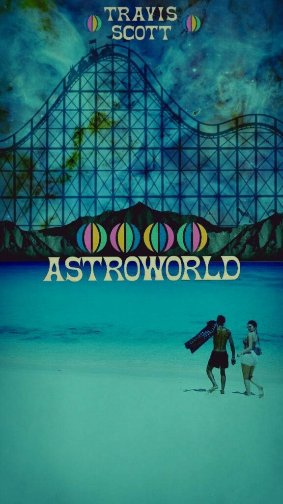 Astroworld wallpaper with cosmic roller coaster beach scene Travis Scott logo and two figures