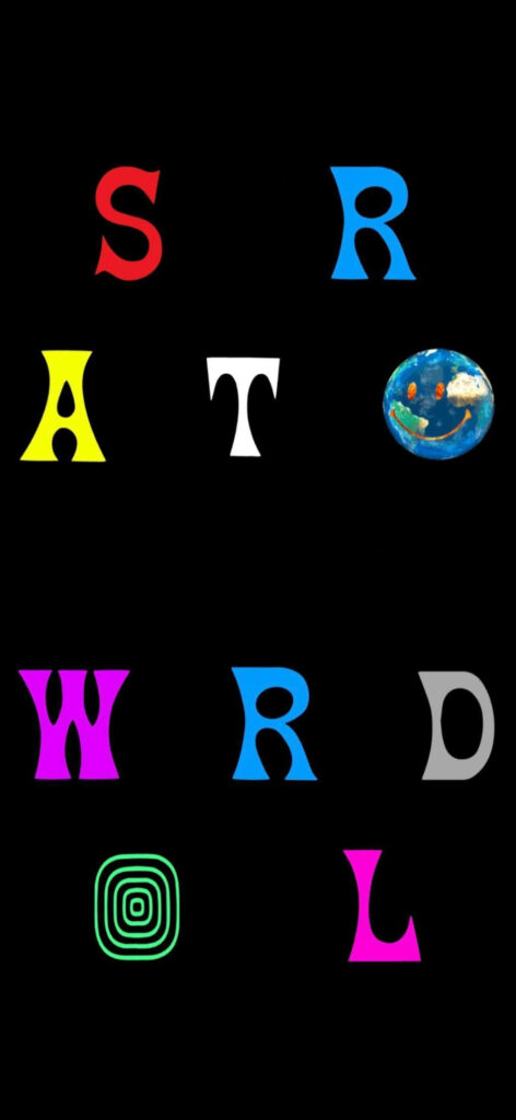 Astroworld fan art wallpaper with vibrant colorful letters and playful graphics on black background