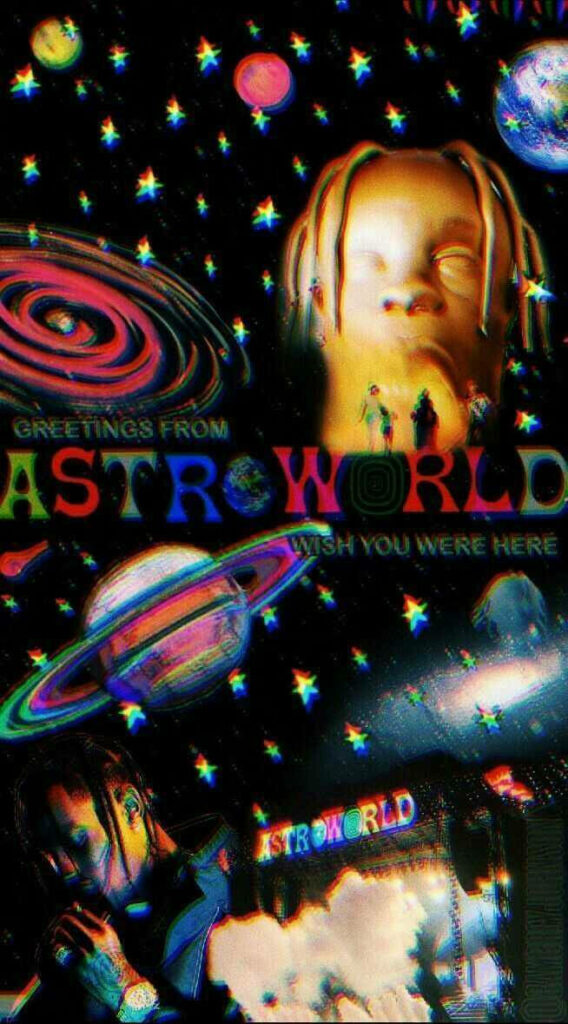 Astroworld wallpaper with Travis Scott cosmic planets vibrant colors surreal album art background