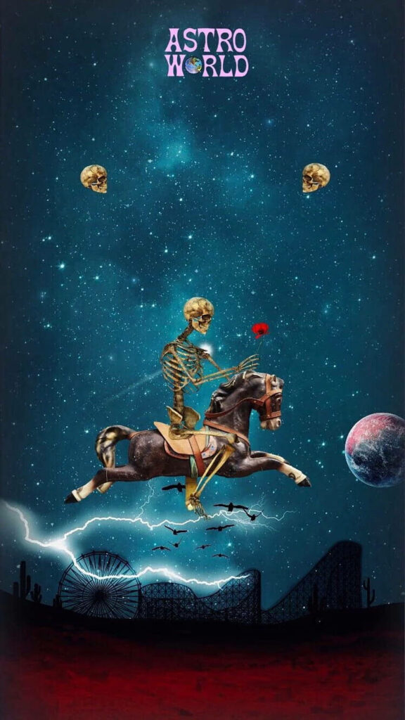 Astroworld iPhone wallpaper skeleton on horse cosmic night sky roller coaster ferris wheel
