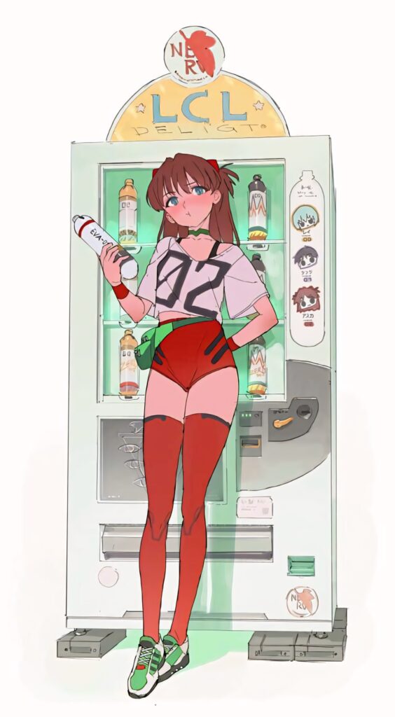 Asuka Langley Soryu in plug suit and sneakers stands confidently by LCL vending machine wallpaper