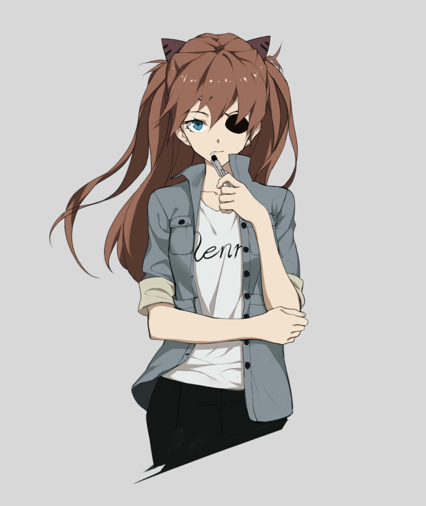 Asuka Langley Soryu fierce confident pose long flowing hair intense gaze stylish wallpaper background