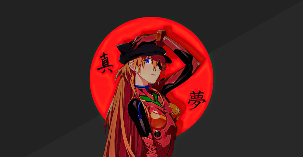 Asuka Langley Soryu in iconic plugsuit posing confidently with vivid red Japanese circle background Wallpaper
