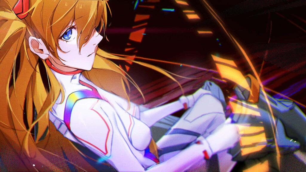Asuka Langley Soryu intense battle scene dynamic lighting determined expression wallpaper background