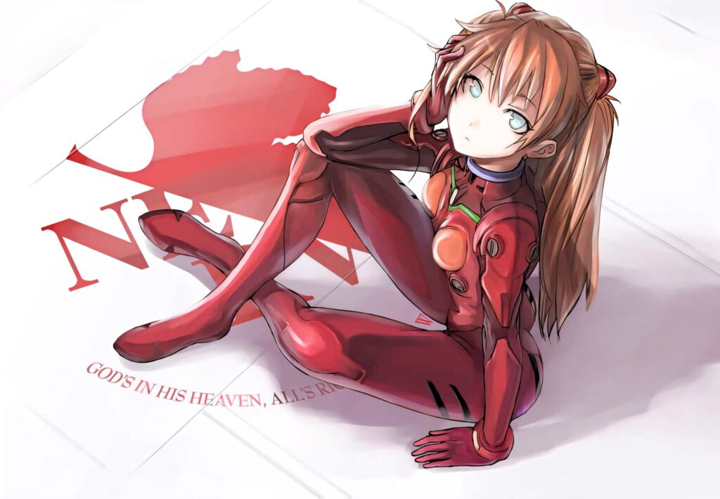 Asuka Langley Soryu in red pilot suit posing confidently with NERV logo wallpaper background