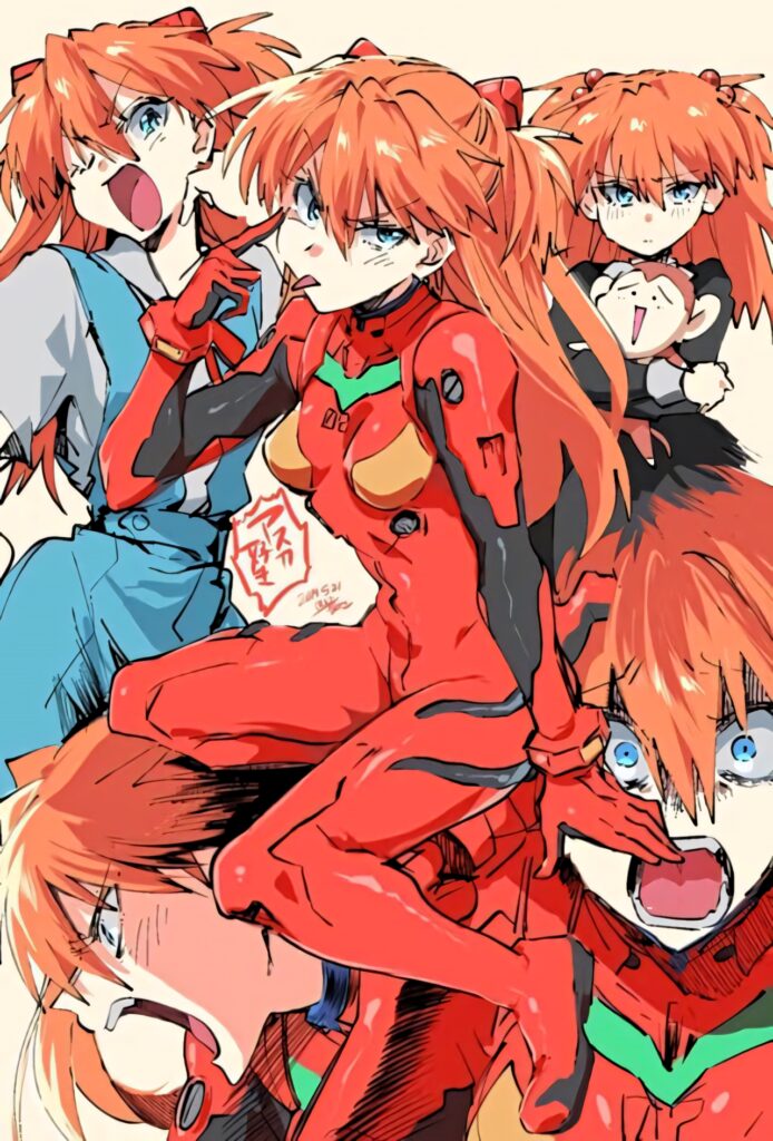 Dynamic collage wallpaper of Asuka Langley Soryu in red plugsuit showcasing bold energy and poses