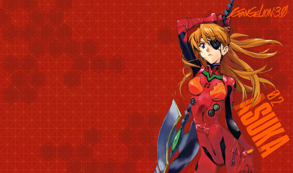 Asuka Langley Soryu in red plugsuit with headset intense glare vibrant colorful anime wallpaper background