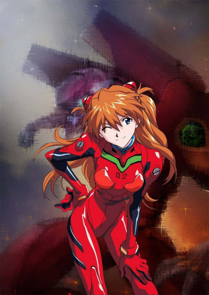Asuka Langley Soryu in red plugsuit with EVA Unit-02 dramatic anime wallpaper background