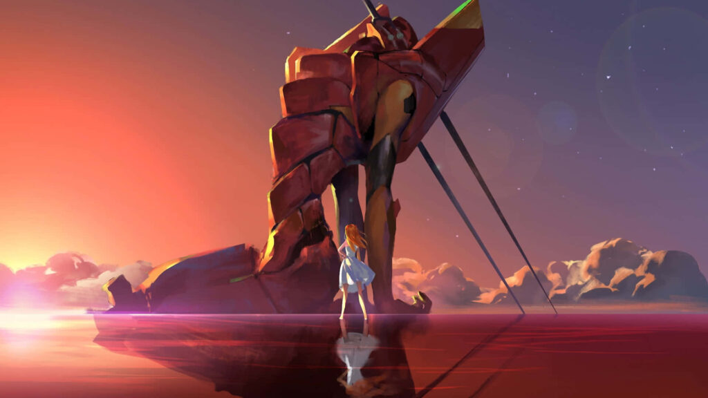 Asuka standing confidently by towering red Evangelion mecha at sunset over tranquil water wallpaper