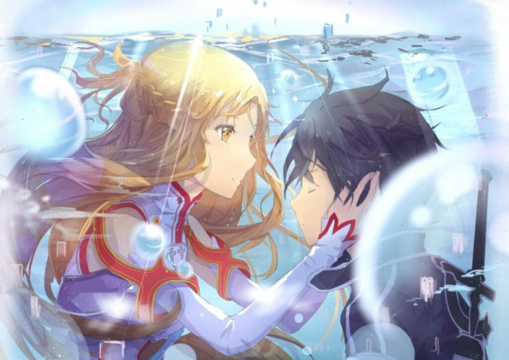 Love's Gentle Embrace: Asuna Tenderly Holds Kirito's Face in the Romantic Anime Scene Wallpaper