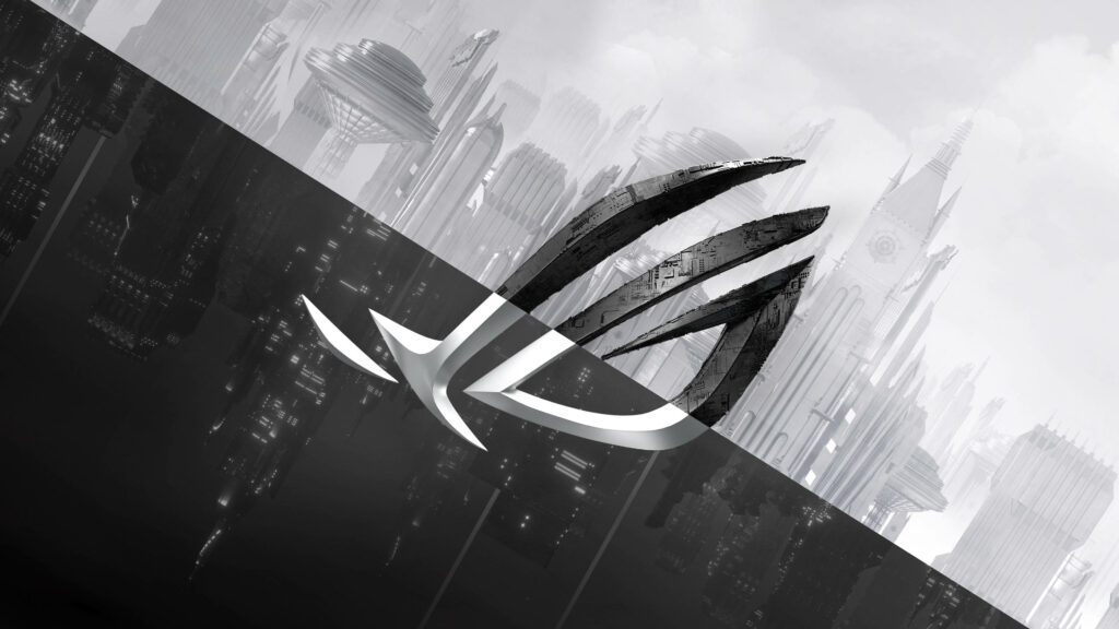 Black and white Asus ROG logo with futuristic cityscape background sleek modern gaming wallpaper