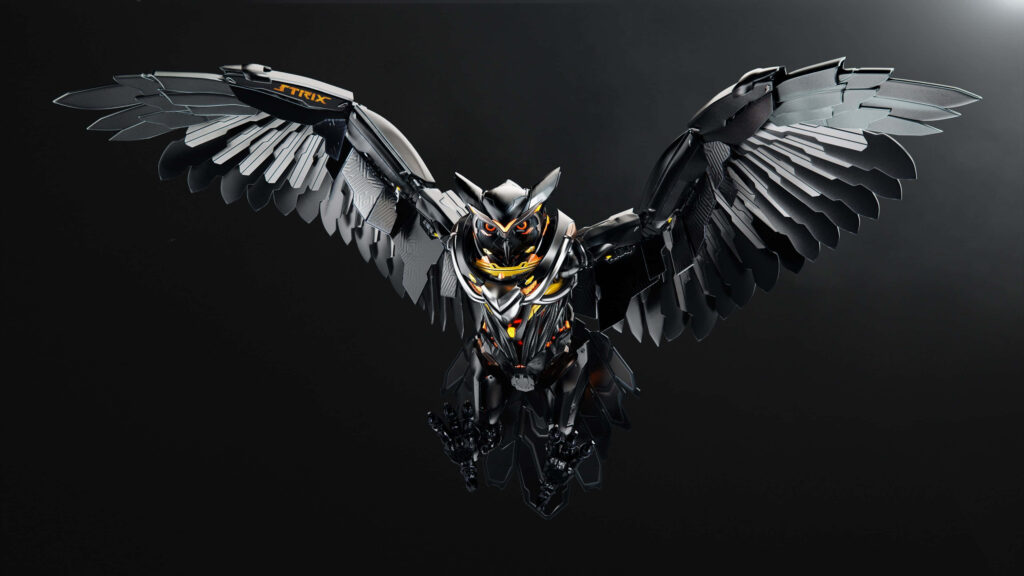 Futuristic Asus ROG owl robot with metallic wings on dark background gaming gear wallpaper