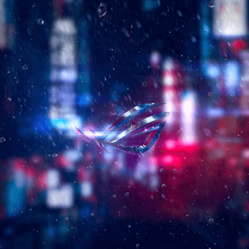 Asus ROG logo on futuristic rain-soaked city background dynamic gaming wallpaper design