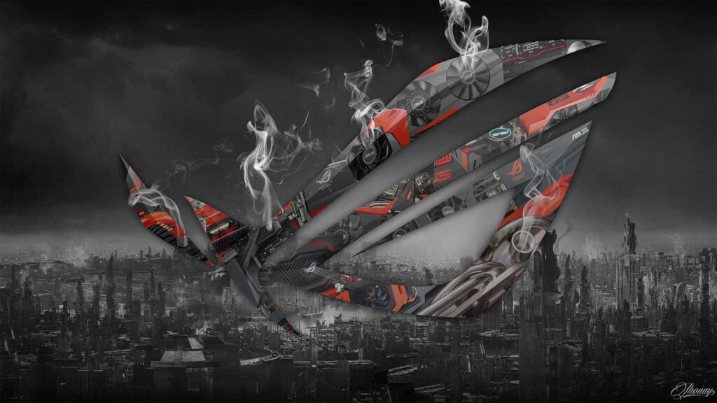 Asus ROG wallpaper with gaming hardware logo and smoky effects on futuristic dark cityscape background