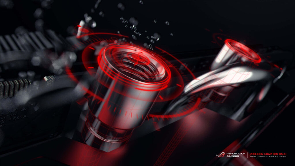Close-up of Asus ROG graphics card with glowing red accents and water cooling cooling design Wallpaper