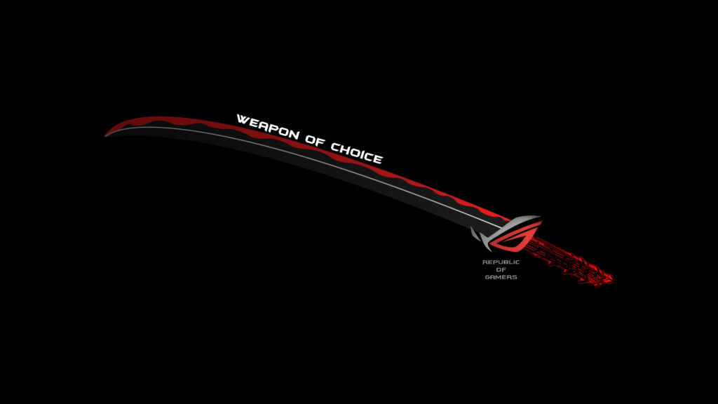 Asus ROG wallpaper featuring katana with fiery red accents and Weapon of Choice text background