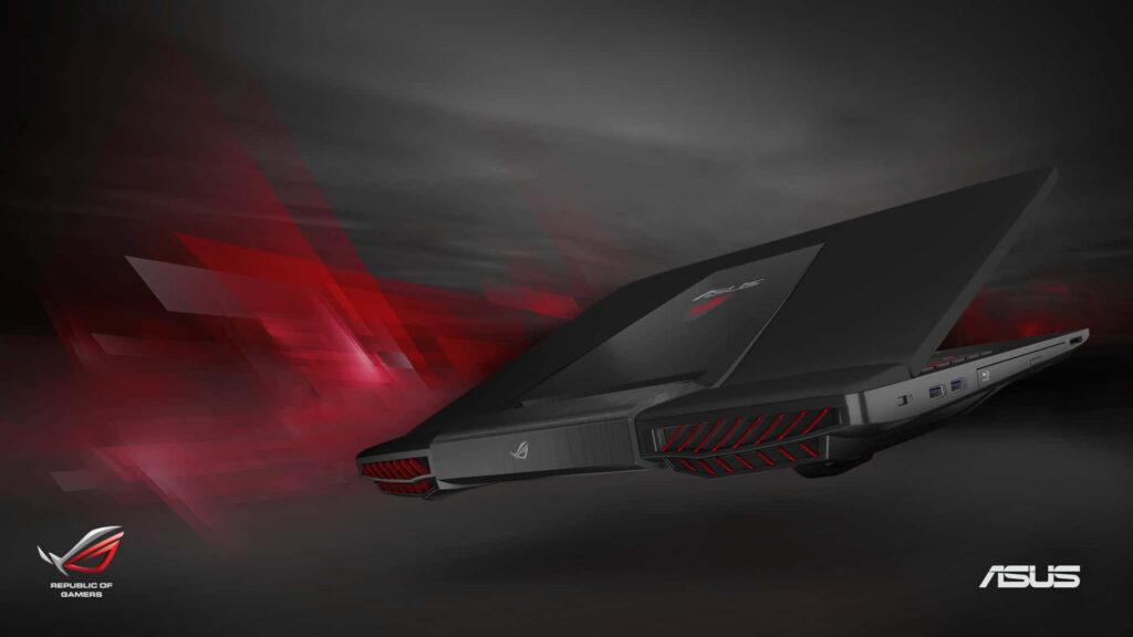 Asus ROG laptop on red black futuristic background high performance gaming innovation wallpaper