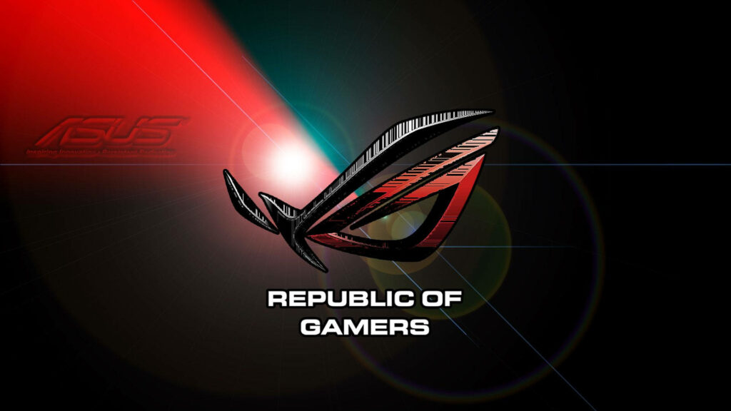 Asus ROG logo comic style vibrant wallpaper with red black hues and dynamic lens flare background