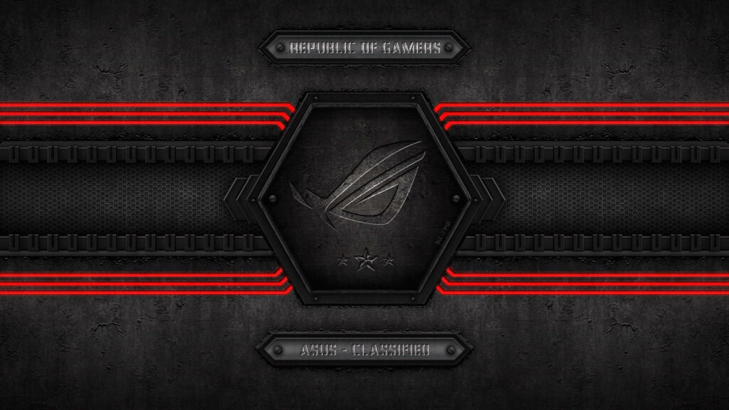 Asus ROG logo centered on metallic hexagonal design with red accents and dark textured background Wallpaper