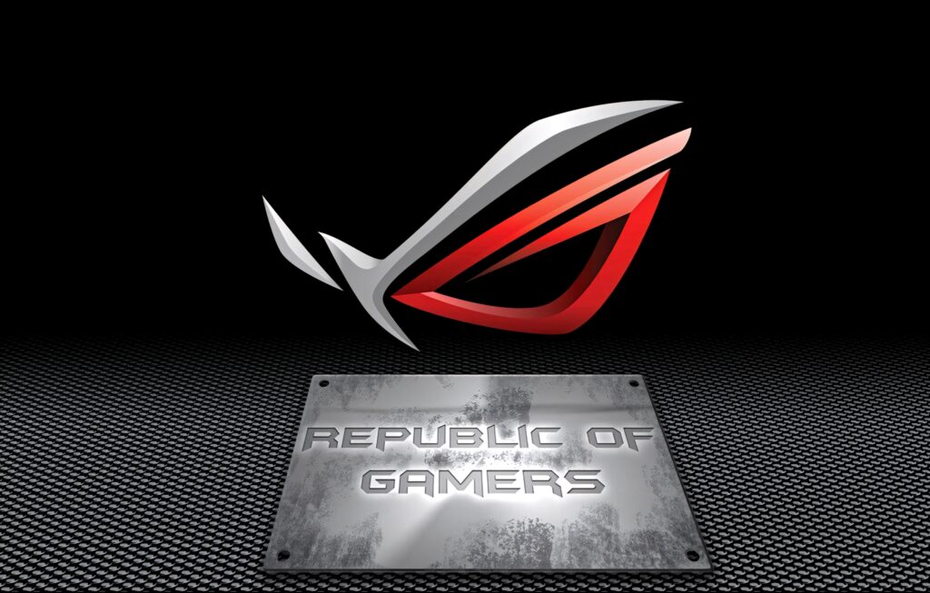 Asus ROG logo above metallic Republic of Gamers sign on textured dark high-tech wallpaper background