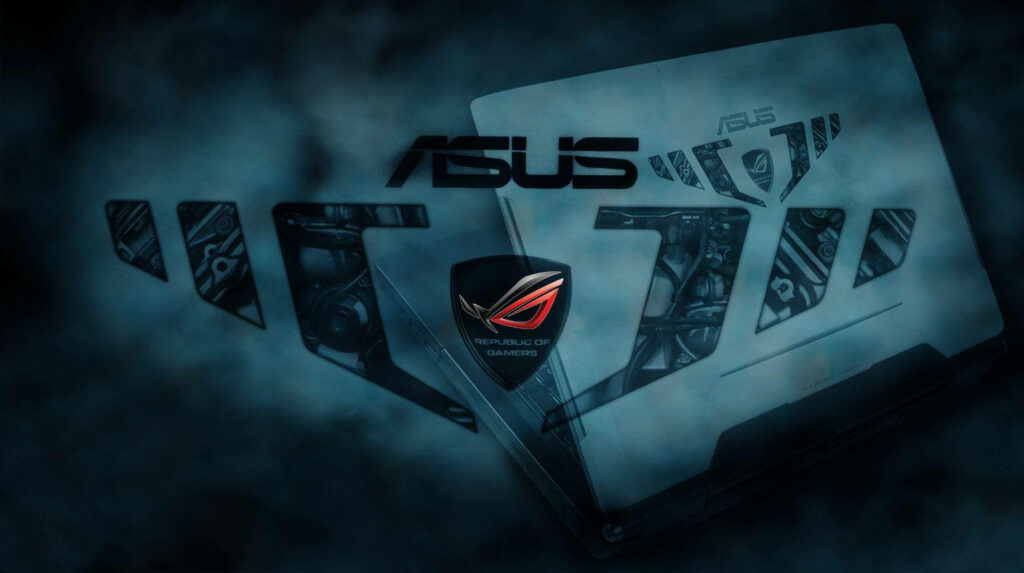 Asus ROG logo with futuristic smoky background and sleek high-performance gaming laptop wallpaper