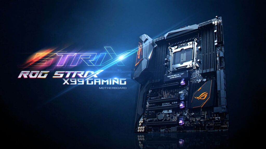 Asus ROG Strix X99 Gaming motherboard wallpaper with dynamic lighting and bold branding effects
