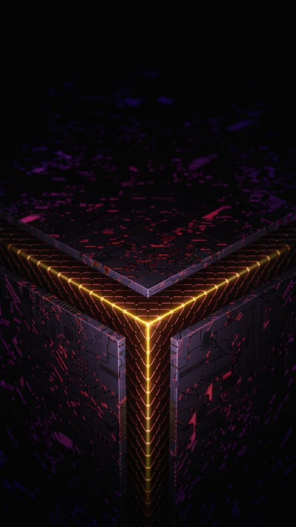 Futuristic Asus ROG 3D wallpaper metallic cube with circuit textures purple amber glow gaming background