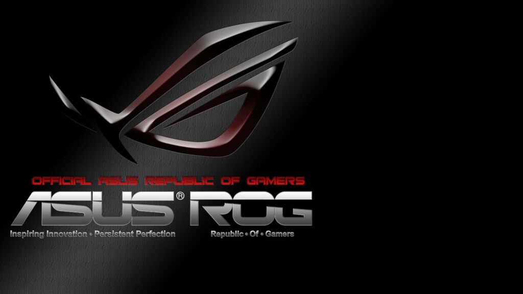 Asus ROG wallpaper with bold Republic of Gamers logo and sleek metallic text background