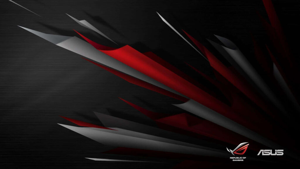 Asus ROG wallpaper with sleek red black silver abstract shapes featuring ASUS and Republic of Gamers logos