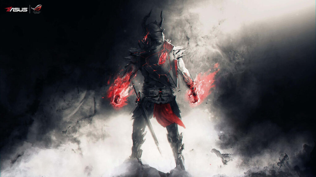 Asus ROG wallpaper armored warrior with burning red energy smoky background ultimate gaming spirit