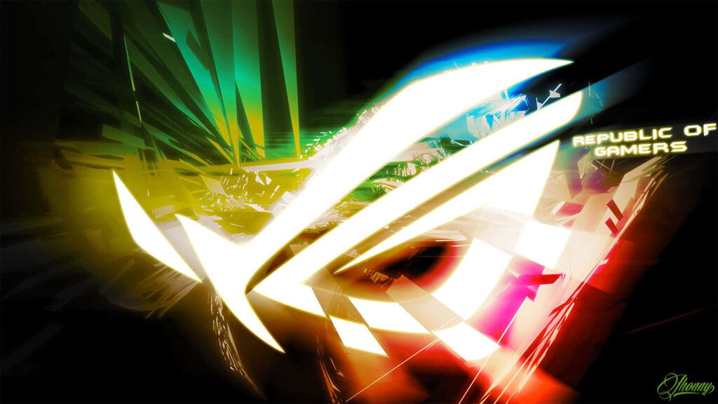 Asus ROG wallpaper with glowing Republic of Gamers logo on vibrant futuristic gaming background