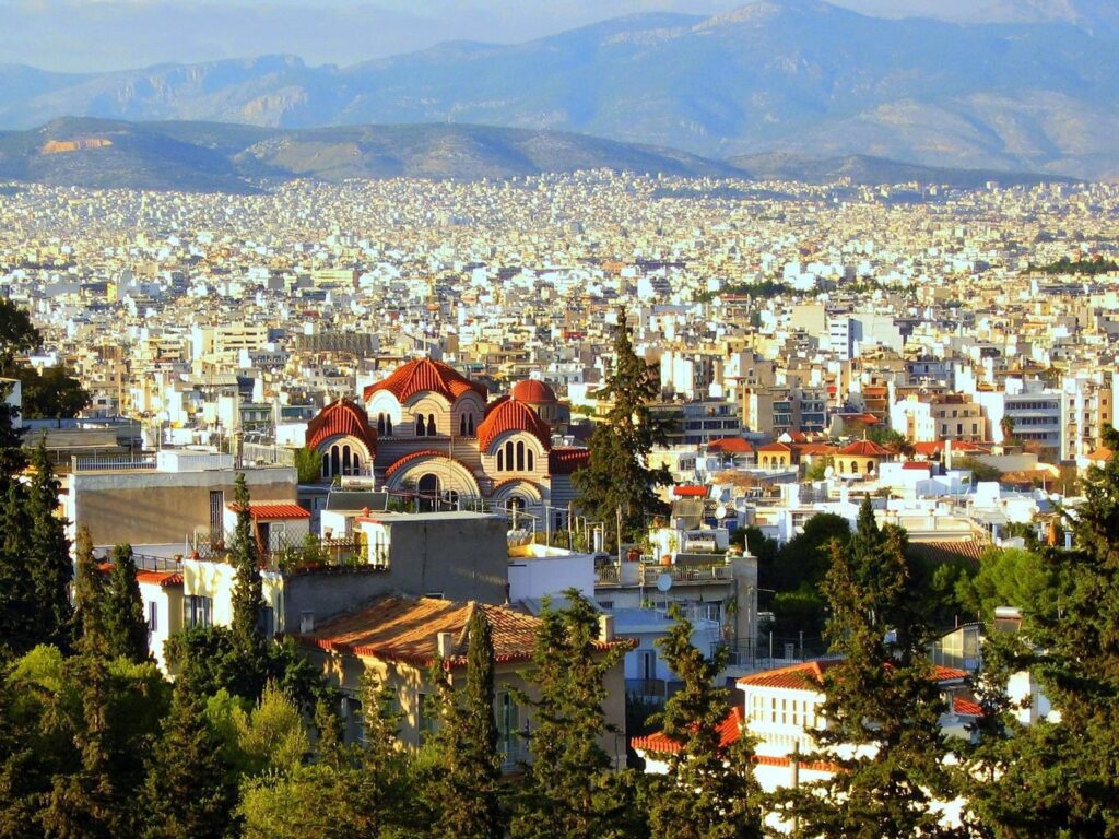 Vibrant Athens Cityscape Wallpaper: Nature Meets Modern Architecture