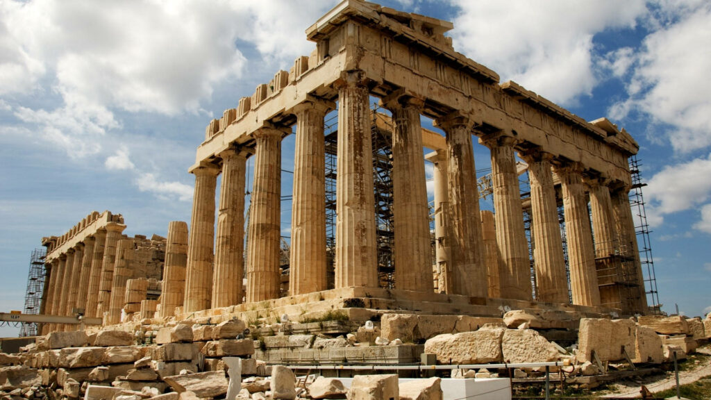 Ancient Athens Parthenon ruins with iconic columns under bright sky historic Greek architecture wallpaper