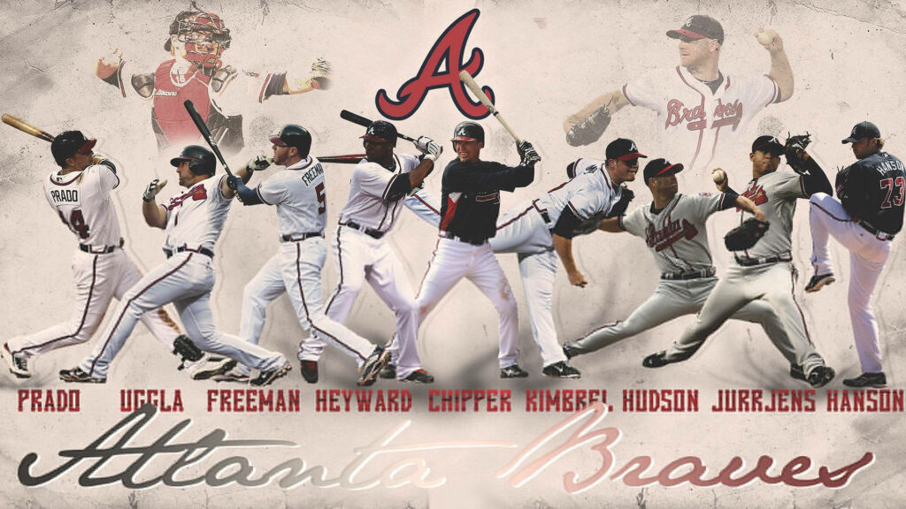 Atlanta Braves players in action collage with team logo wallpaper celebrating Braves legacy