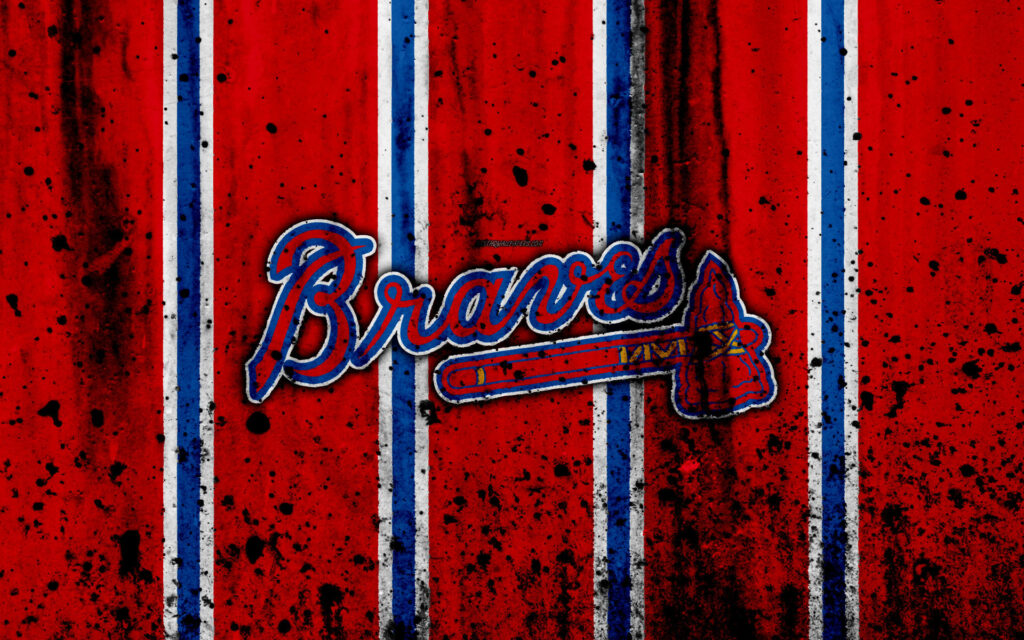 Atlanta Braves logo wallpaper red background blue white stripes gritty splattered texture design