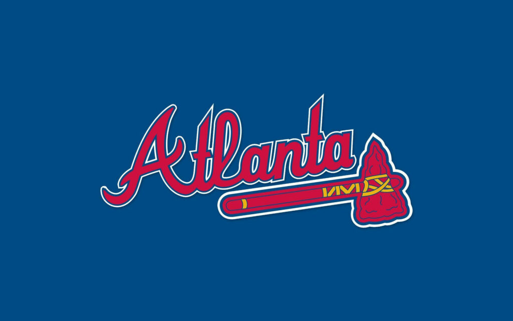 Atlanta Braves logo with red script and tomahawk on solid blue MLB team wallpaper background