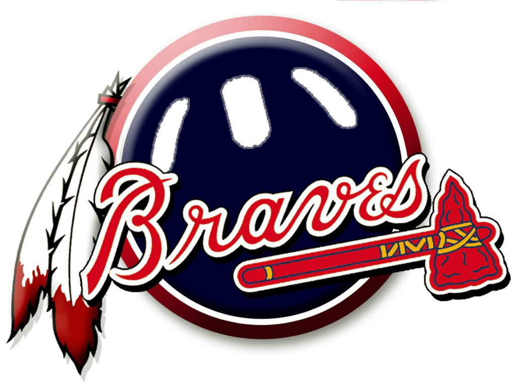 Atlanta Braves logo with detailed feathers and red tomahawk on dark baseball wallpaper background