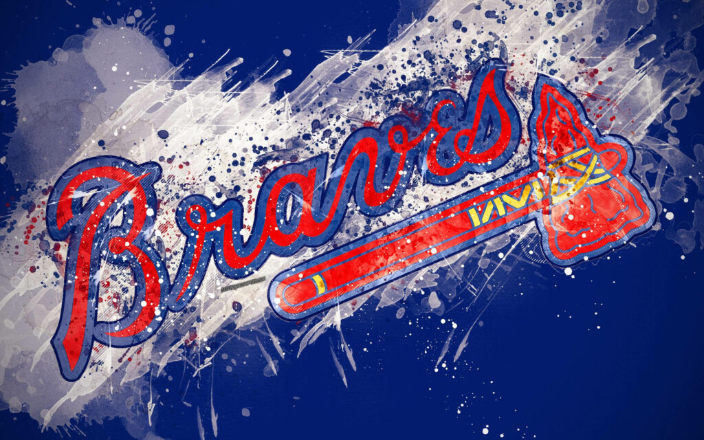 Atlanta Braves logo with tomahawk on vibrant blue background with dynamic red and white splashes Wallpaper