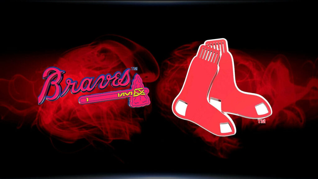 Atlanta Braves and Boston Red Sox logos on black and red smoky background rivalry wallpaper