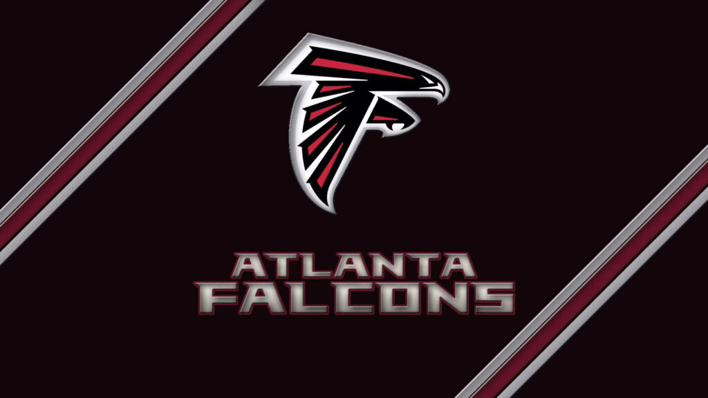 Atlanta Falcons logo with bold text on dark background and diagonal maroon silver stripes wallpaper