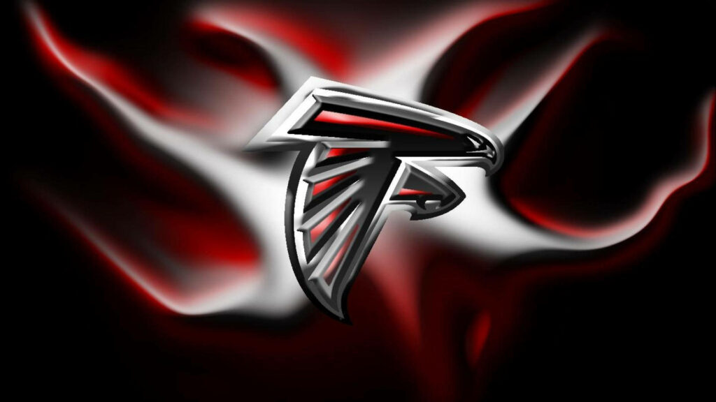 Atlanta Falcons metallic logo with red and white flames intense energetic wallpaper background