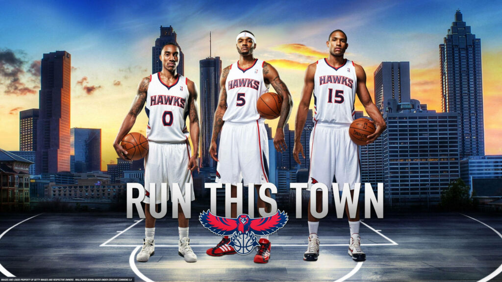 Atlanta Hawks 2012 roster stars on basketball court with city skyline showing team pride wallpaper