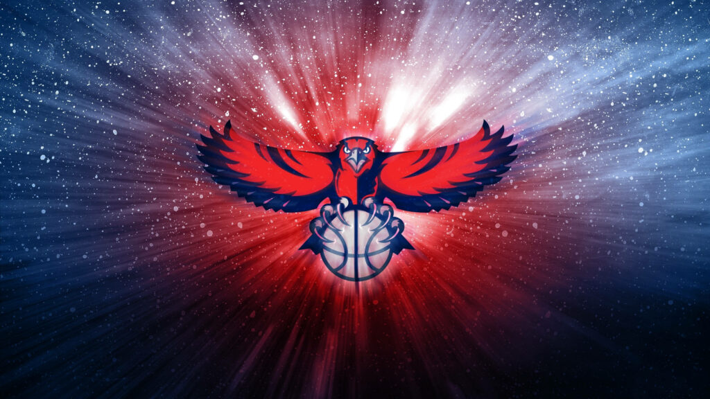 Atlanta Hawks logo with red hawk clutching basketball against vibrant galaxy background wallpaper