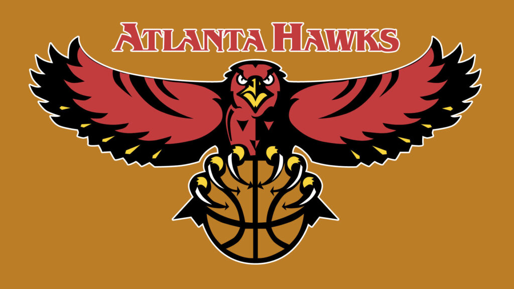 Atlanta Hawks logo red and black hawk gripping basketball on bold brown background wallpaper