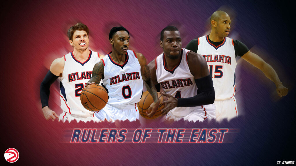 Atlanta Hawks players standing confident with basketballs Rulers of the East wallpaper background