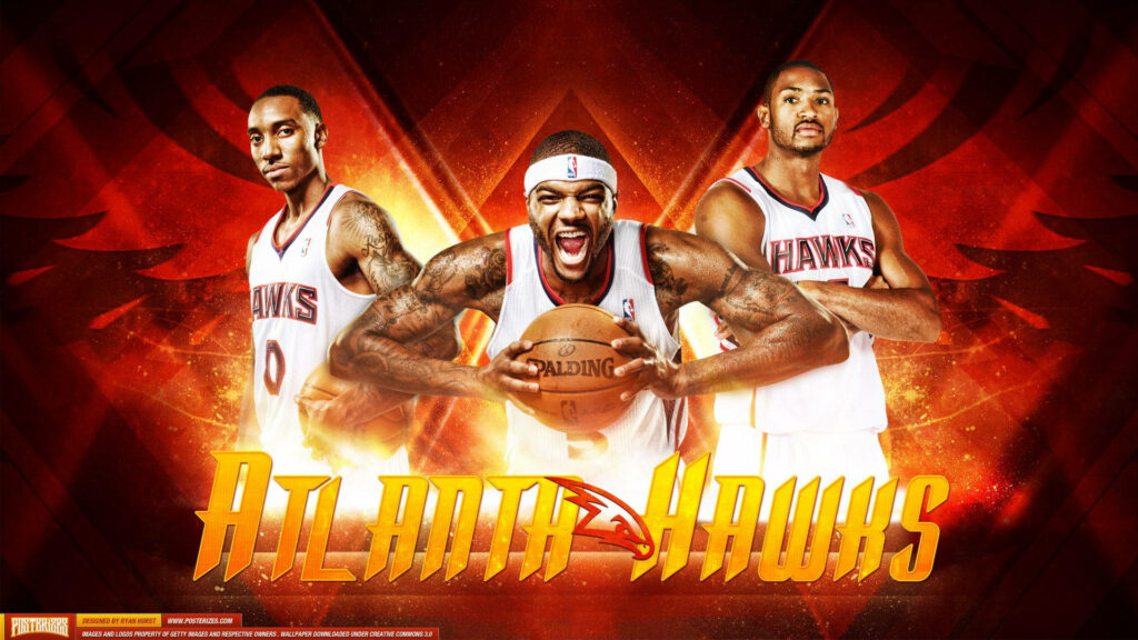 Atlanta Hawks wallpaper with three star players confident pose and bold team logo background